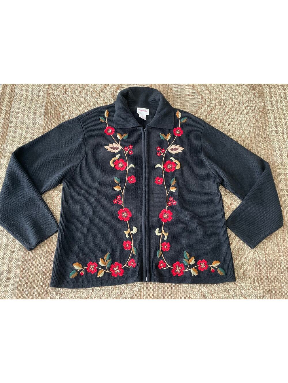 VTG> Crystal -Kobe Zipper front Cardigan Sweater floral Embroidery SZ L